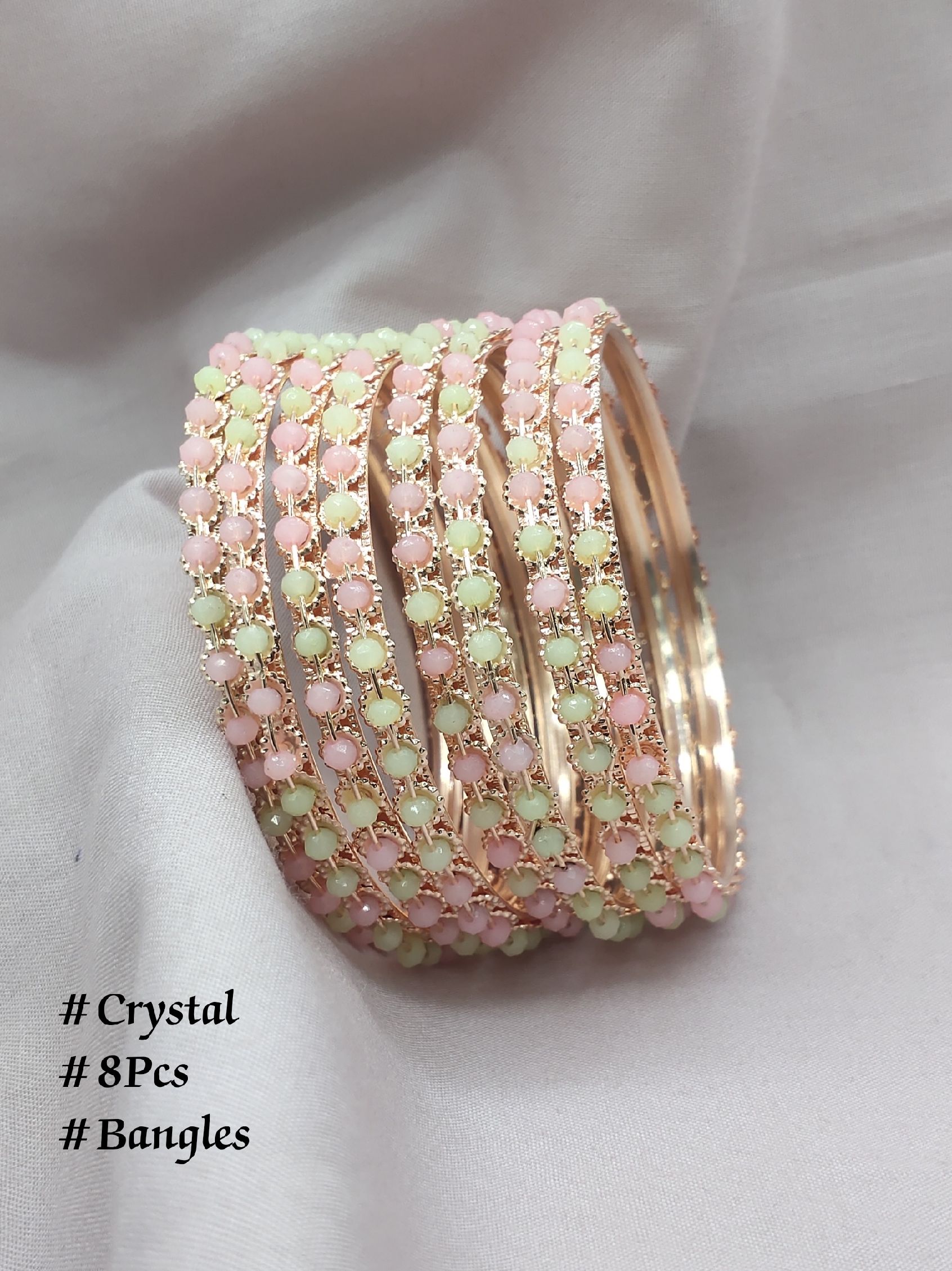8PCS CRYSTAL CHUDI IN ROSE MINT PINK BANGLES FOR WOMEN AND GIRLS