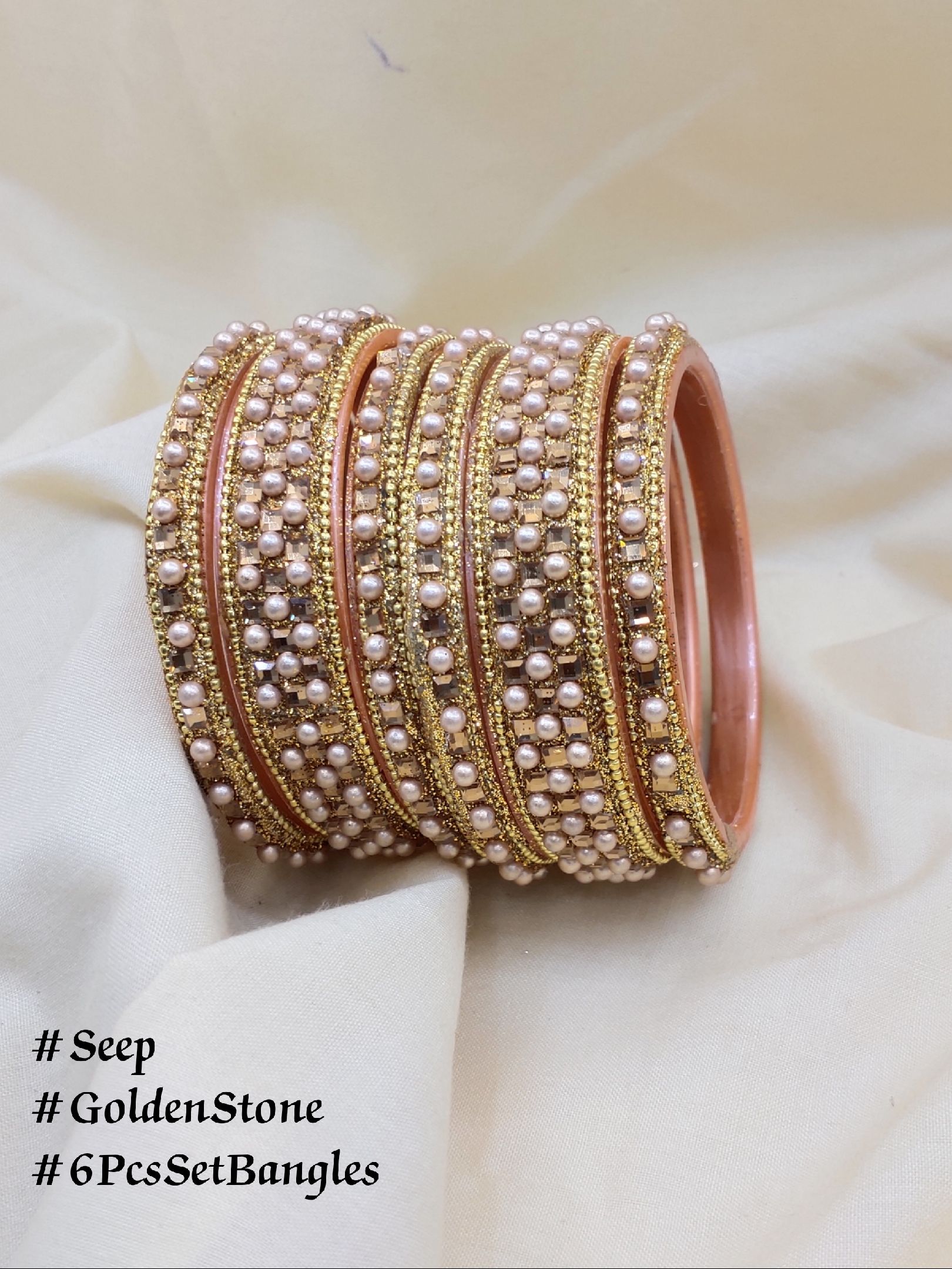 6PCS SEEP SET IN GOLDEN STONE WITH PEARL MOTI SET BANGLES FOR