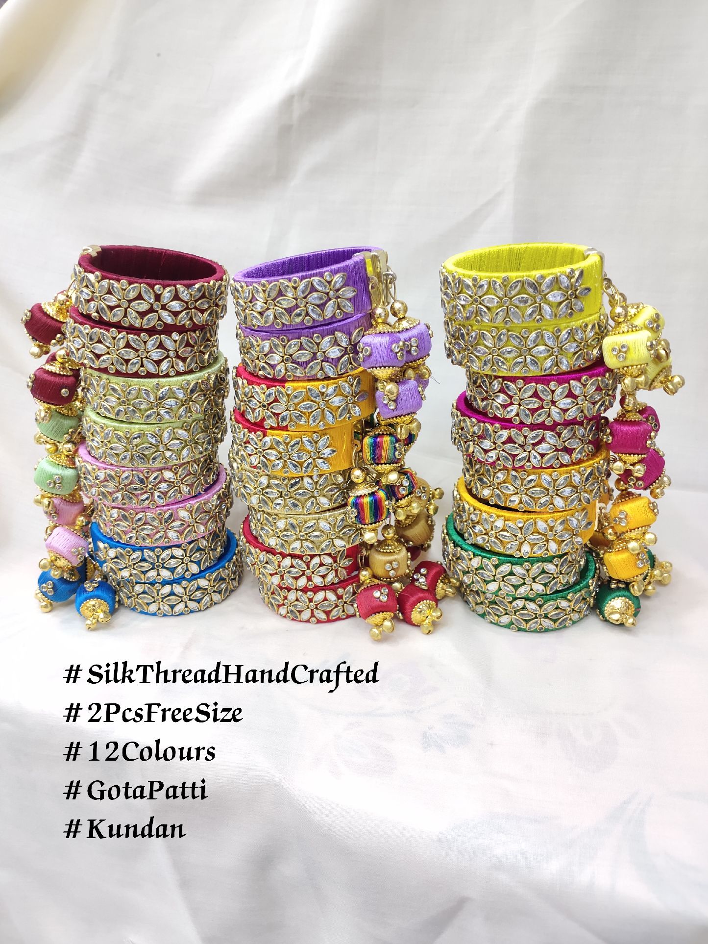 2Pcs Silk Thread HandCrafted FreeSize 12Colours Gota Patti Kundan