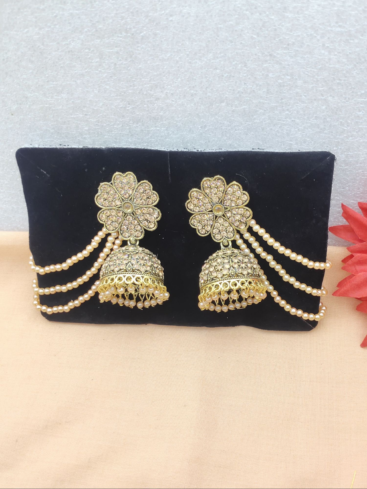 BAHUBALI JHUMKA EARRINGS WITH AN ATTACHED EAR CHAIN (WG-107 LC