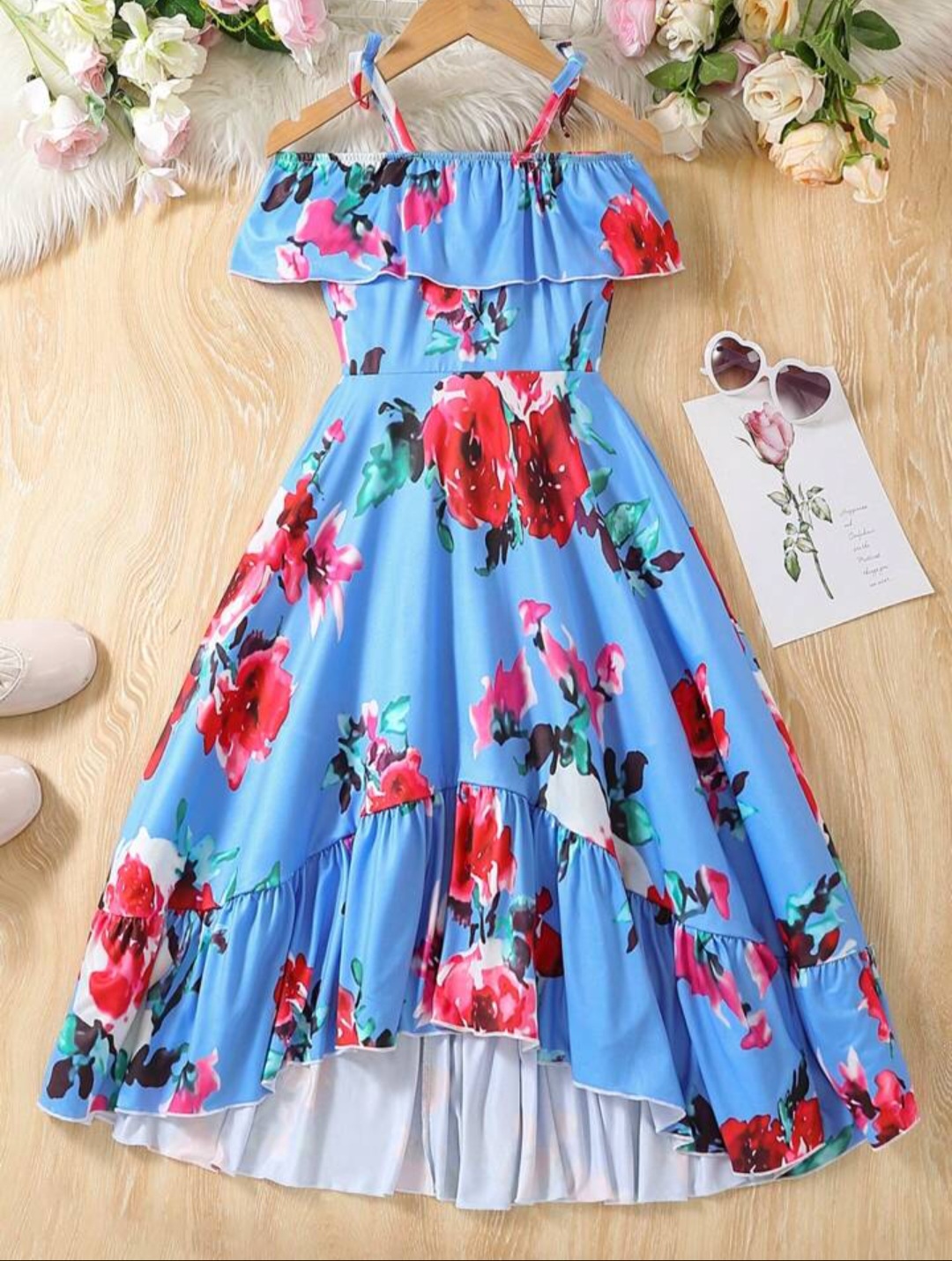 Vestido Traslapado Floreado Vestido Campesino Floreado Celeste