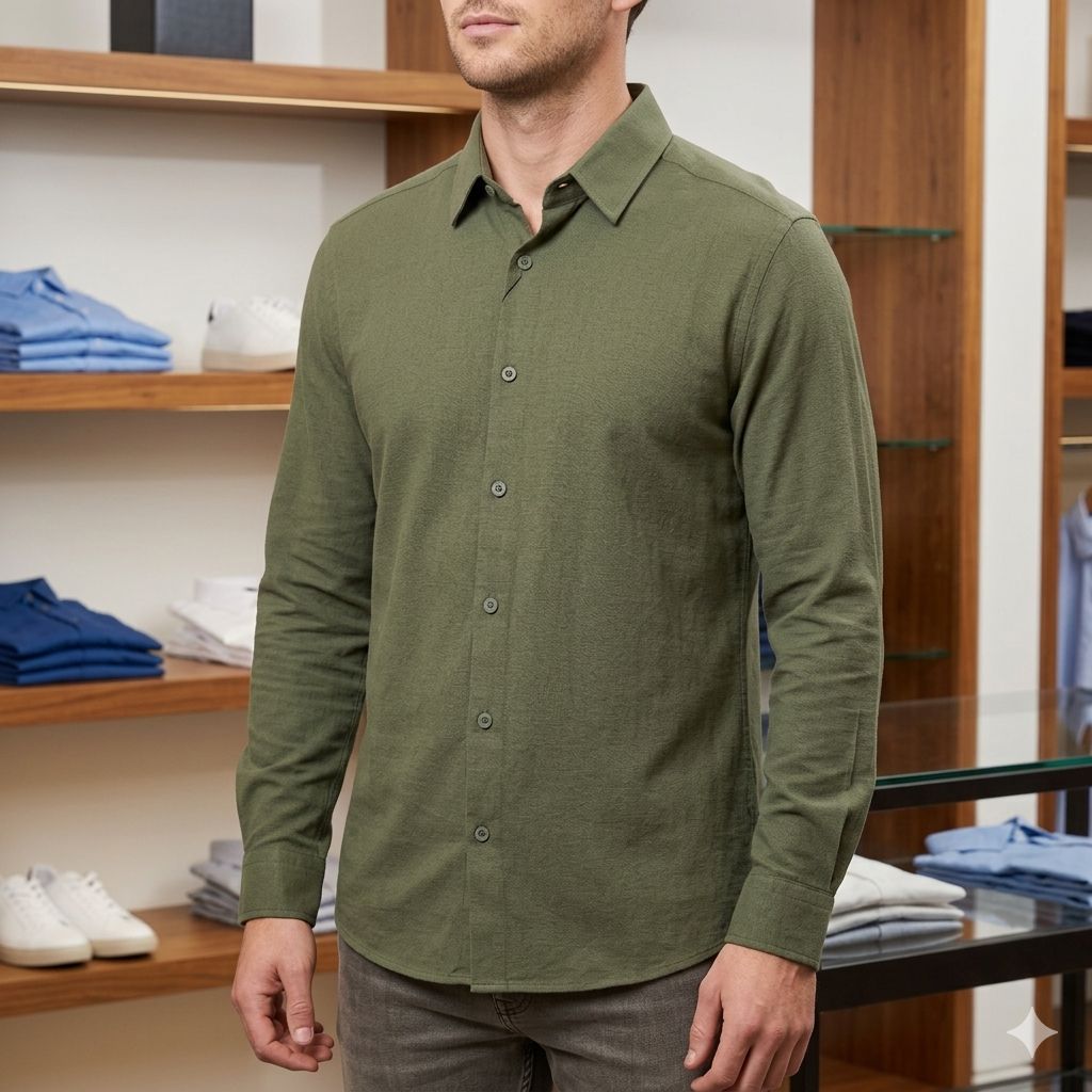 CAMISA M/L DE LINO JOHNNY COTTON  - COLOR OLIVA