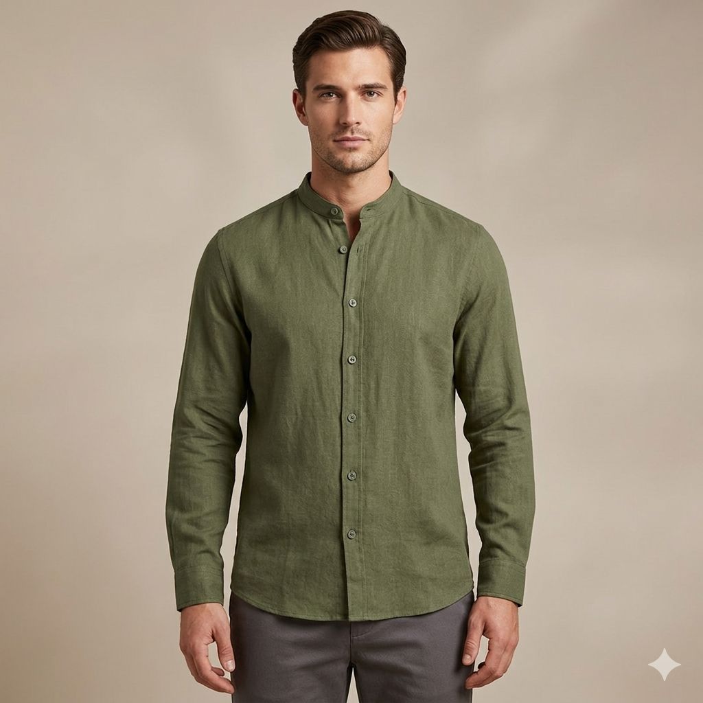 CAMISA M/L DE LINO CUELLO CADETE JOHNNY COTTON  - COLOR OLIVA