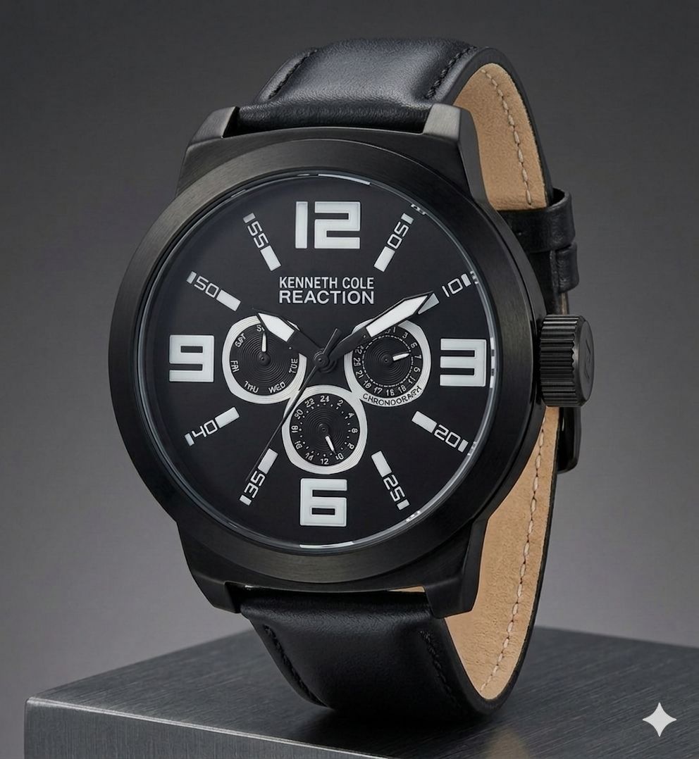 RELOJ KENNETH COLE REACTION DE CUARZO CON ESFERA MULTIFUNCION NEGRA Y CORREA DE CUERO.