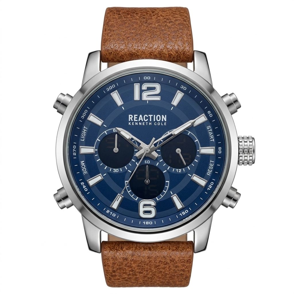 RELOJ KENNETH COLE REACTION- CRONÓGRAFO ANA-DIGI CON ESFERA AZUL Y EXTENSIBLE DE PIEL CAFE