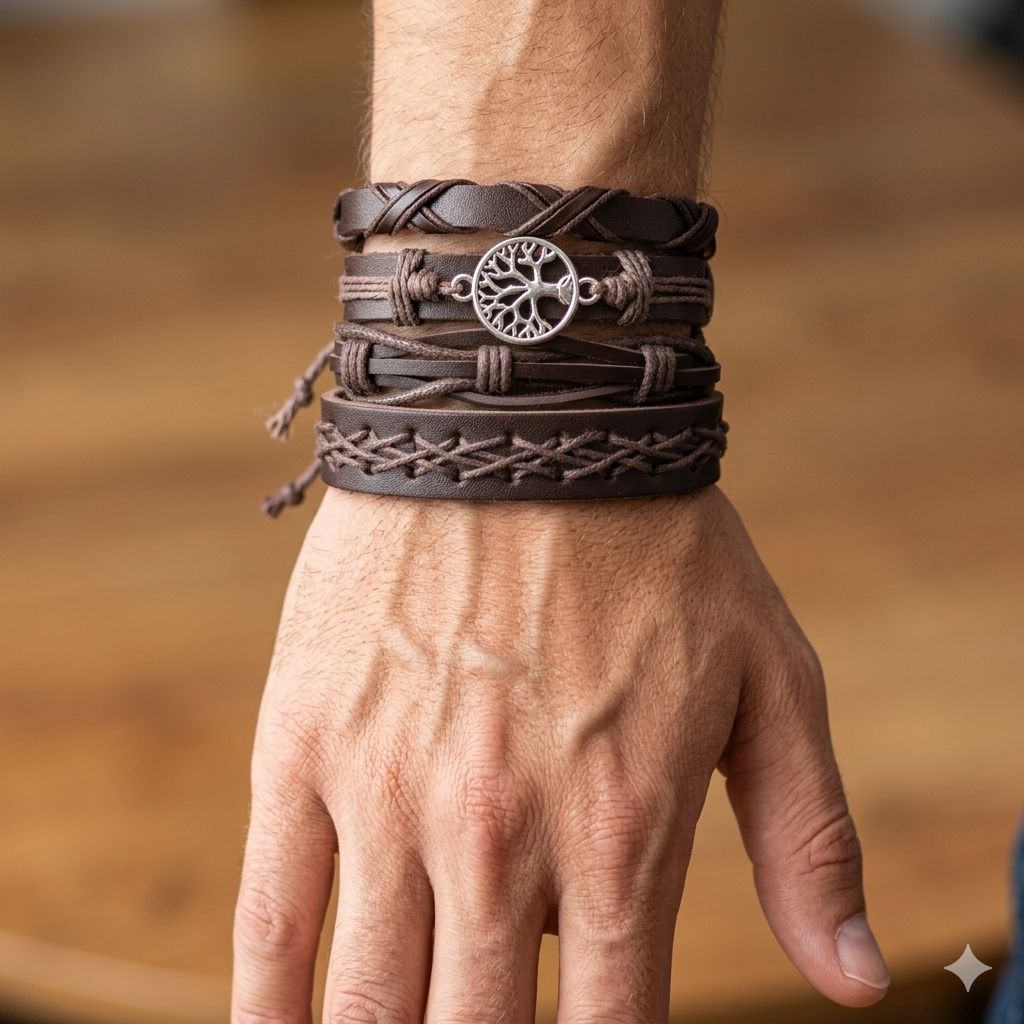 SET DE PULSERA DE HOMBRE COLOR CAFE