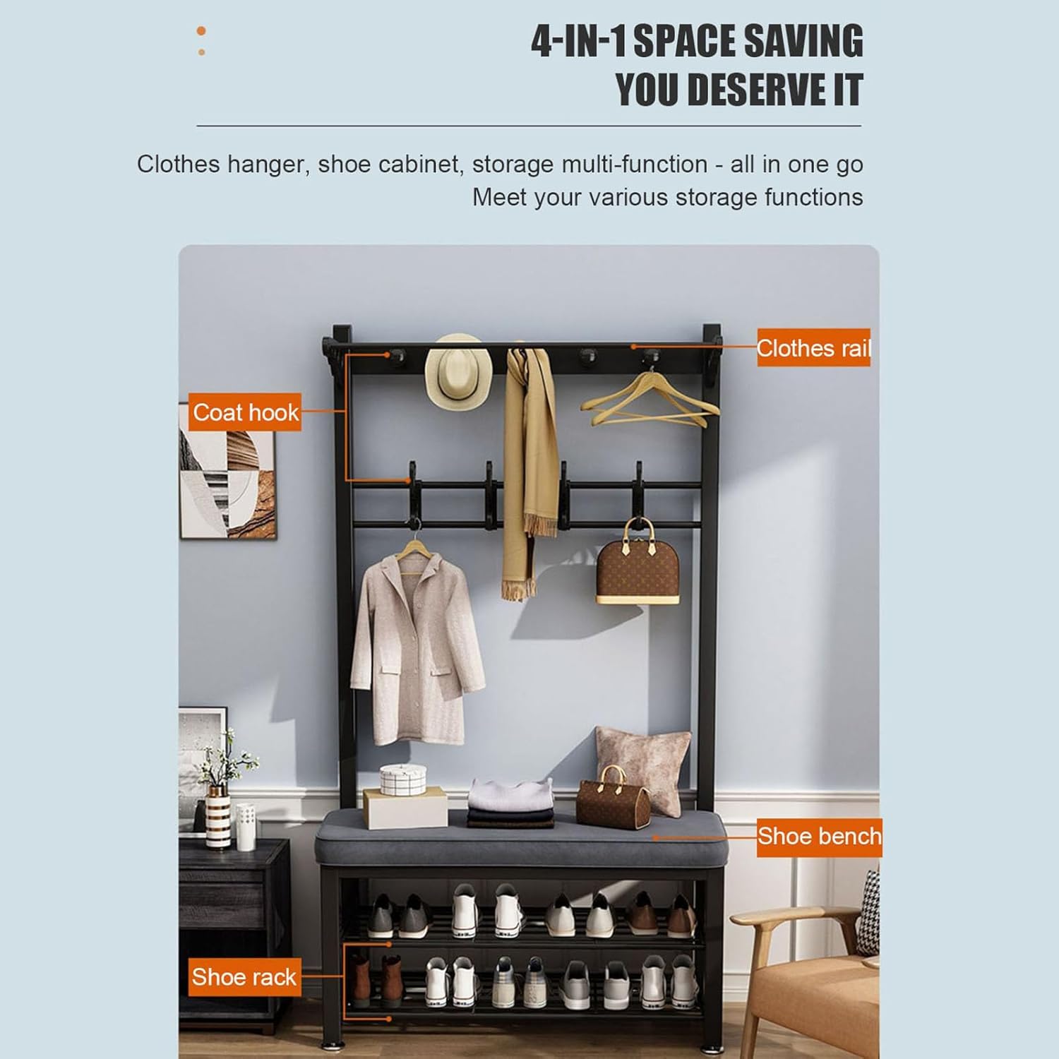 4-in-1 Compact Entryway Hall Tree with Shoe Bench – 60cm Black