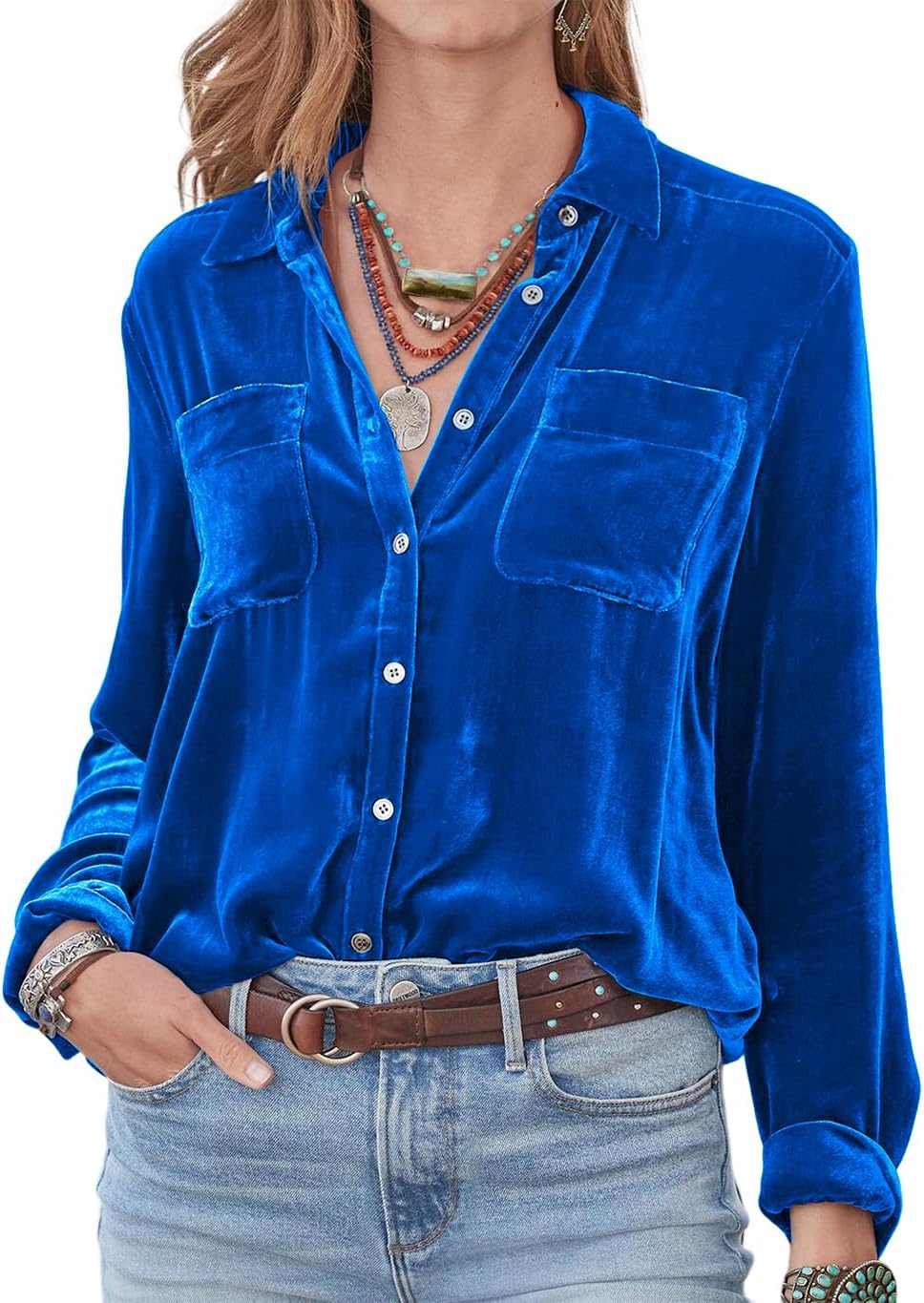 Blusa Lia Talla L Tela terciopelo Color azulino Ni Lu Sport