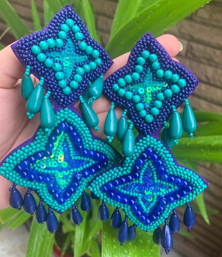 Handmade Beaded Seed Bead Turtle Pattern Earrings - Red, Cyan, Blue - Lightweight, Nickel-Free