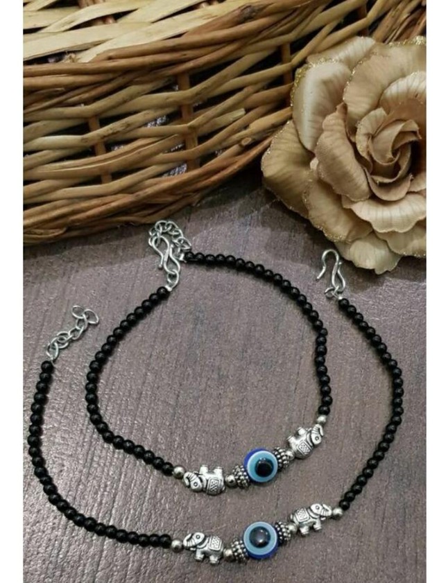 Stylish Premium Quality German Silver Elephant Evil Eye Black Bead