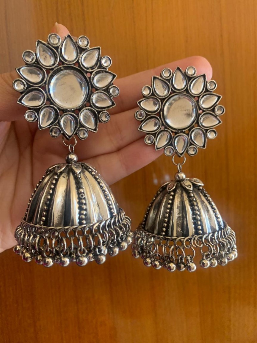 Oxidized Silver Afghani Stone Work Flower Stud with Designer