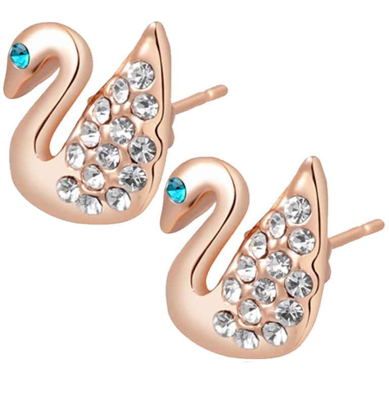 Rose Golden Plated Swarovski Stone On Swan Shape stud Earrings