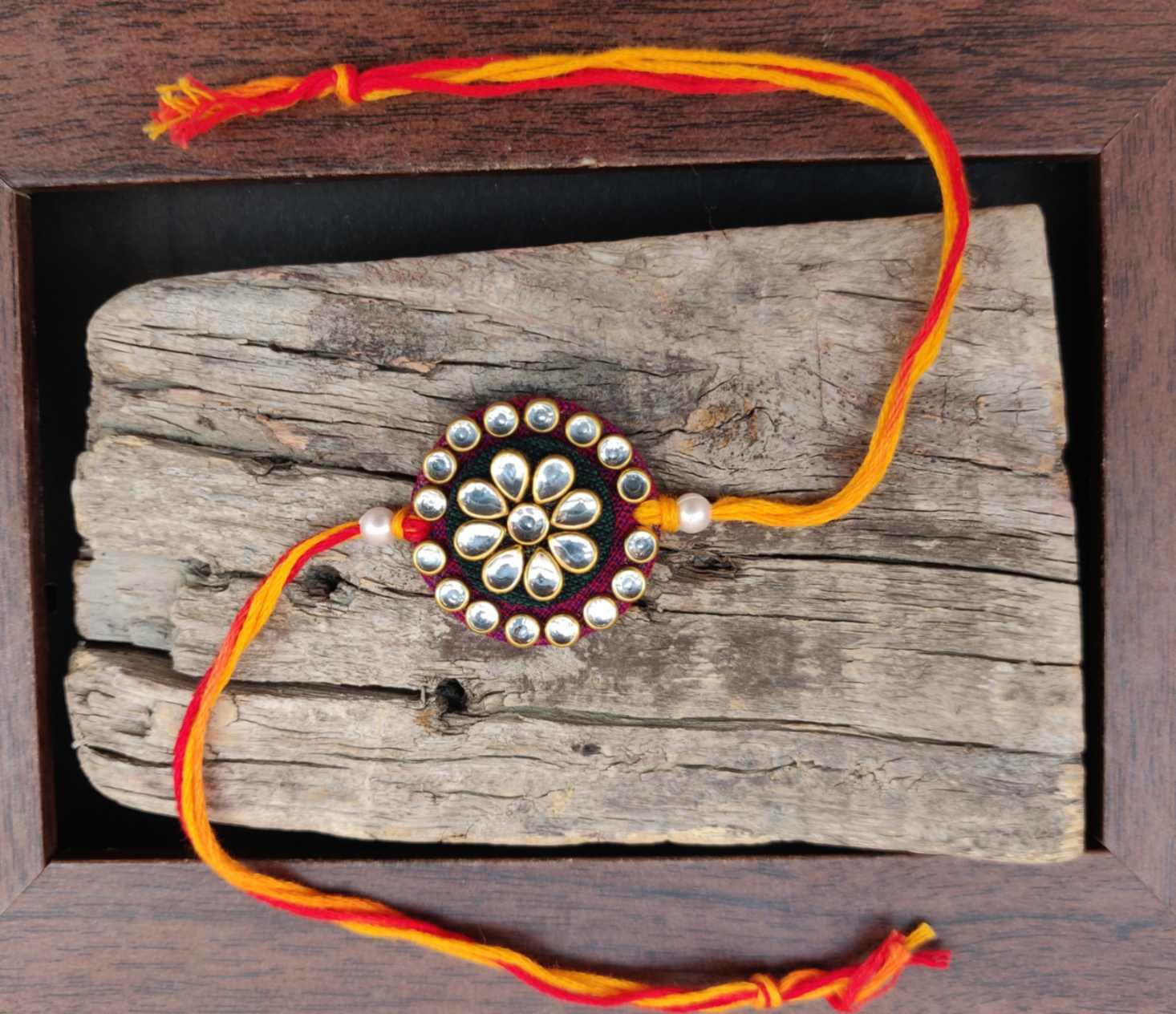 Handcrafted Wine/Green Fabric Stone Work Round Shape Red/Yellow