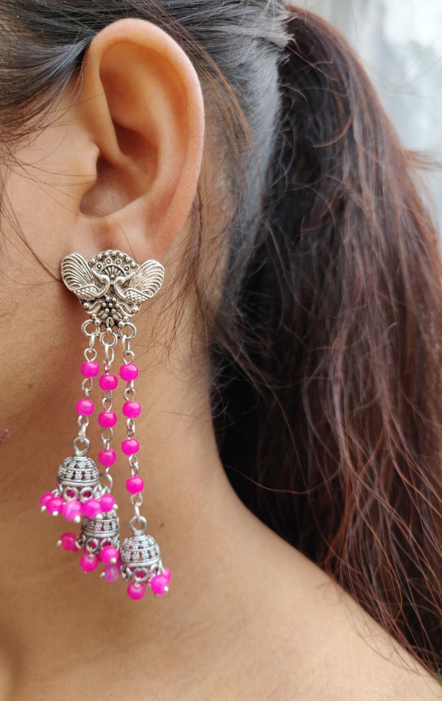 German Silver Layer Pink Color Bead Tassel Chain Jhumki Earring