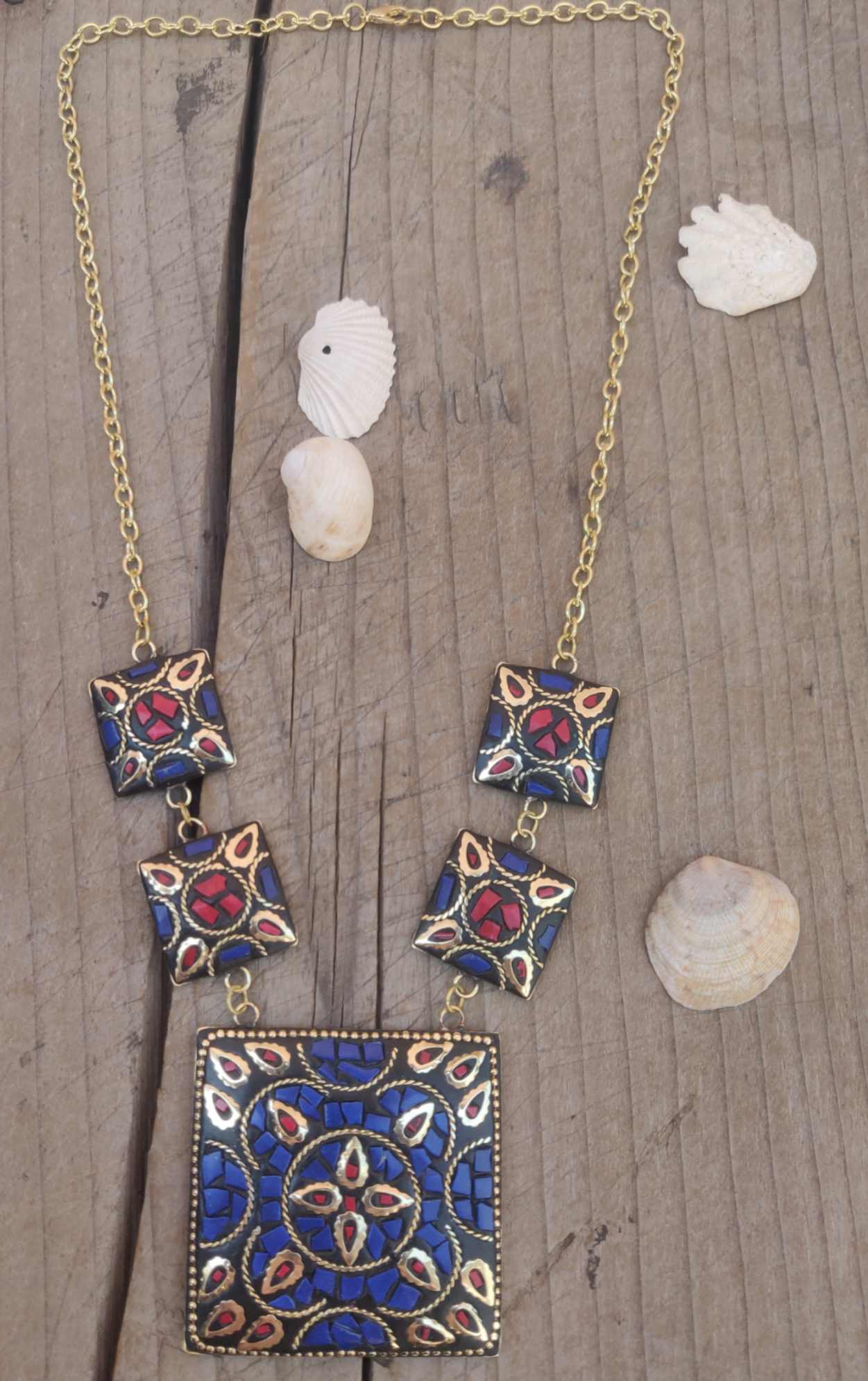 Afgani Tibetan Boho Style Blue Golden Or Red Colour Square Shape Long Chain  Necklace for womens and