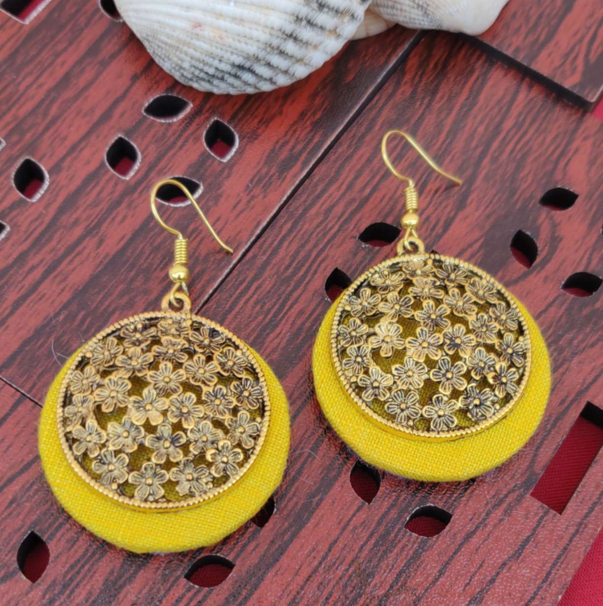 Vintage Textured Gold with Earthy Fabric Accents Earrings Yellow