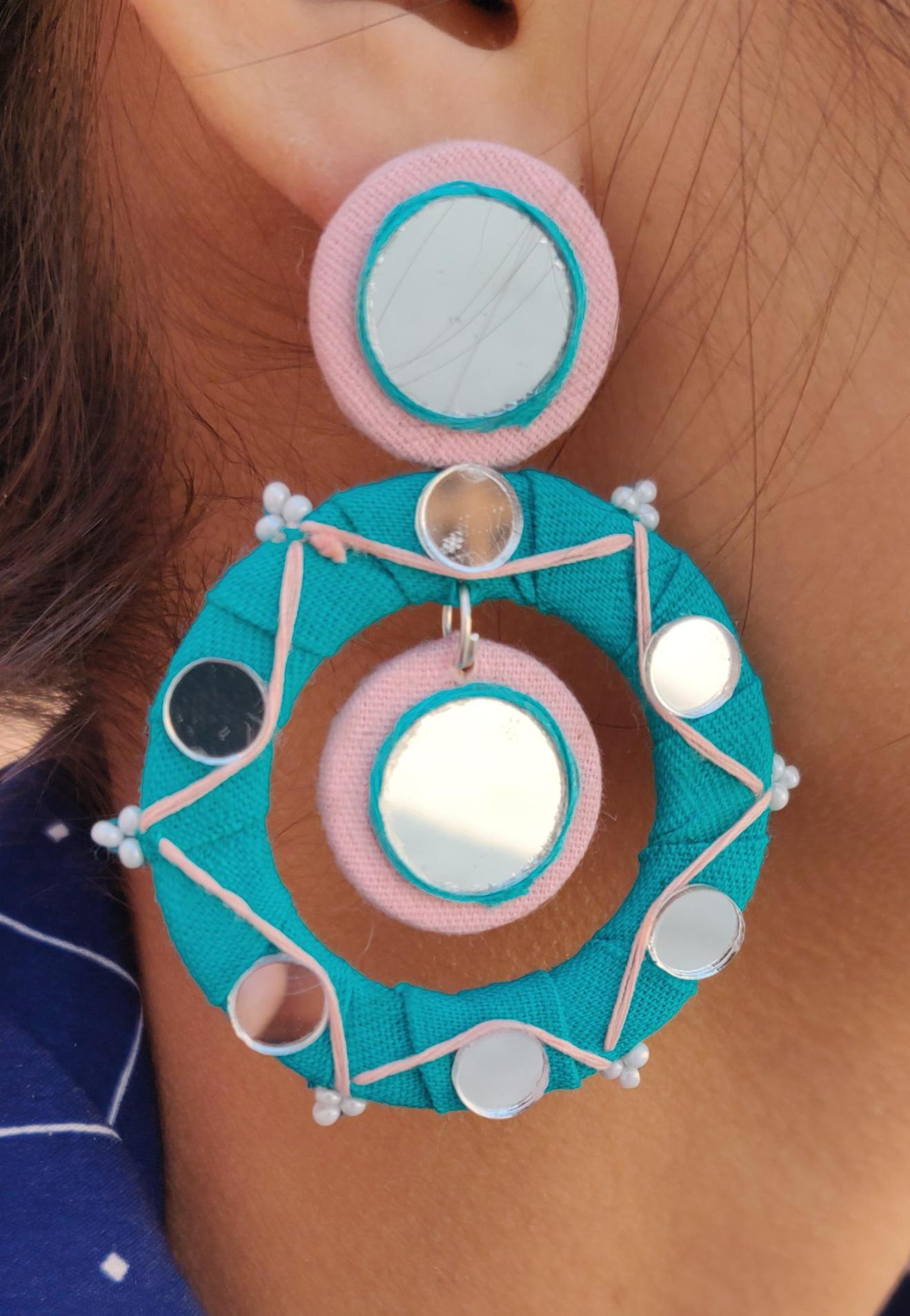 Fusion Handmade Round Blue/Pink Fabric with Mirror and Thread Work