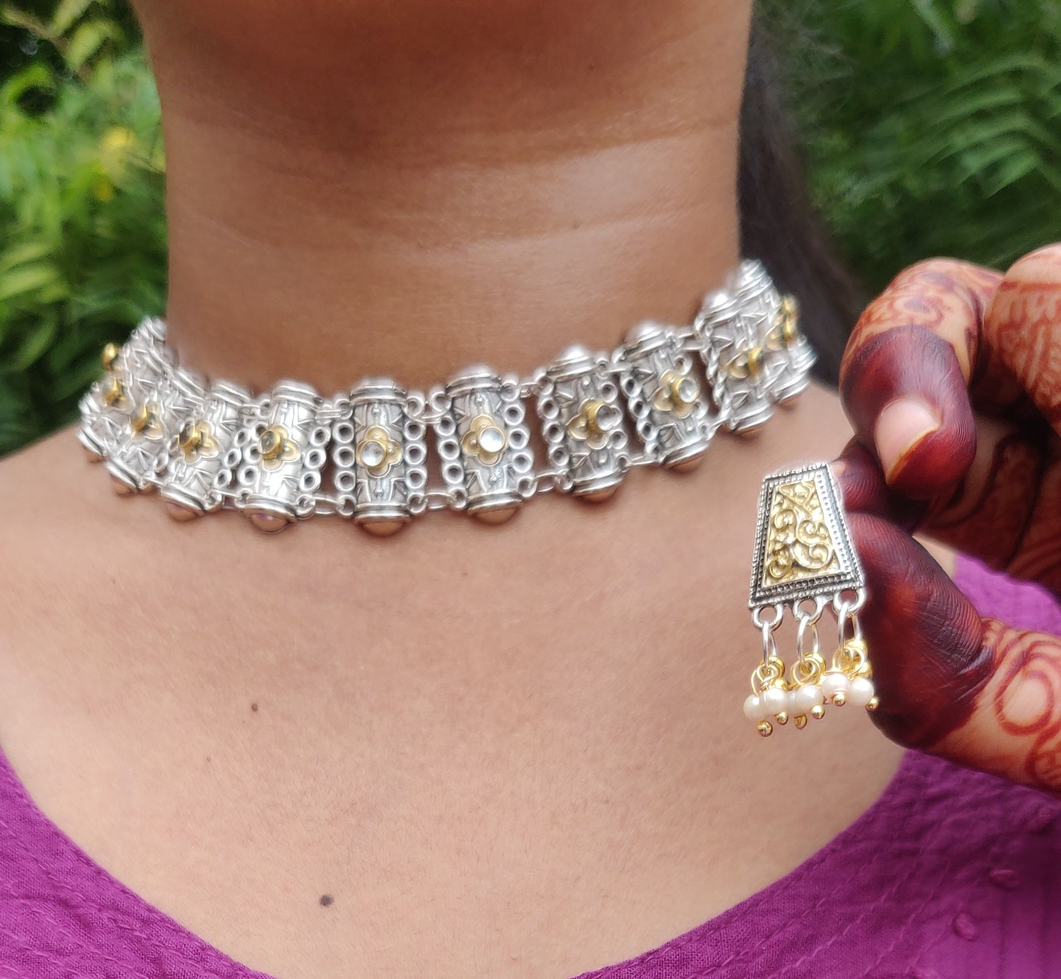 Festival Wear dual Tone German Silver Necklace and Earring Set For