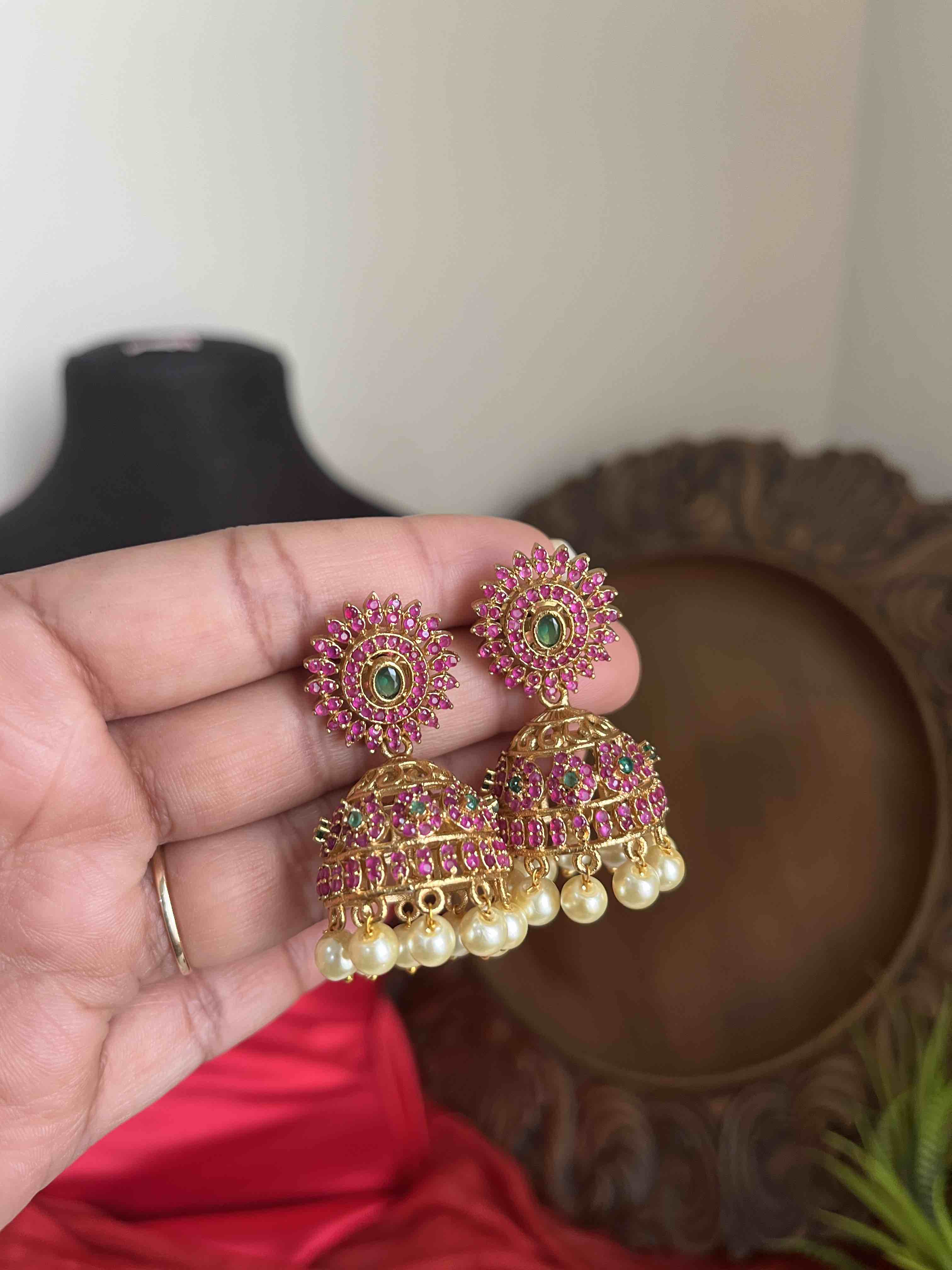 Premium Pink CZ Stones Jhumka Earrings EthniQ