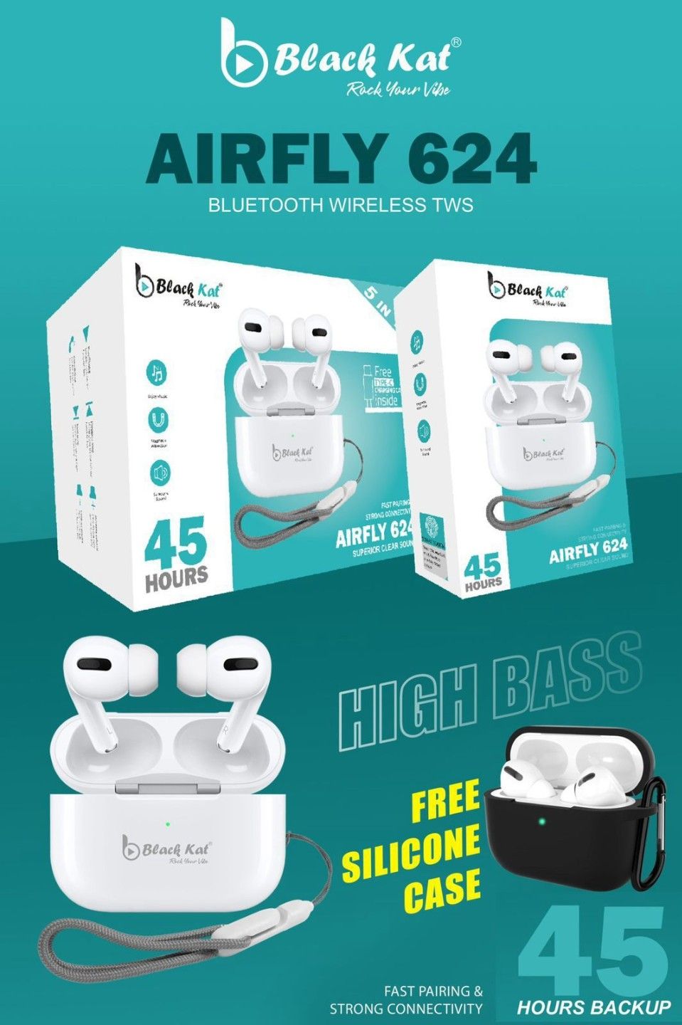 Black Kat AirFly 624 TWS Earbuds | 45H Backup | High Bass