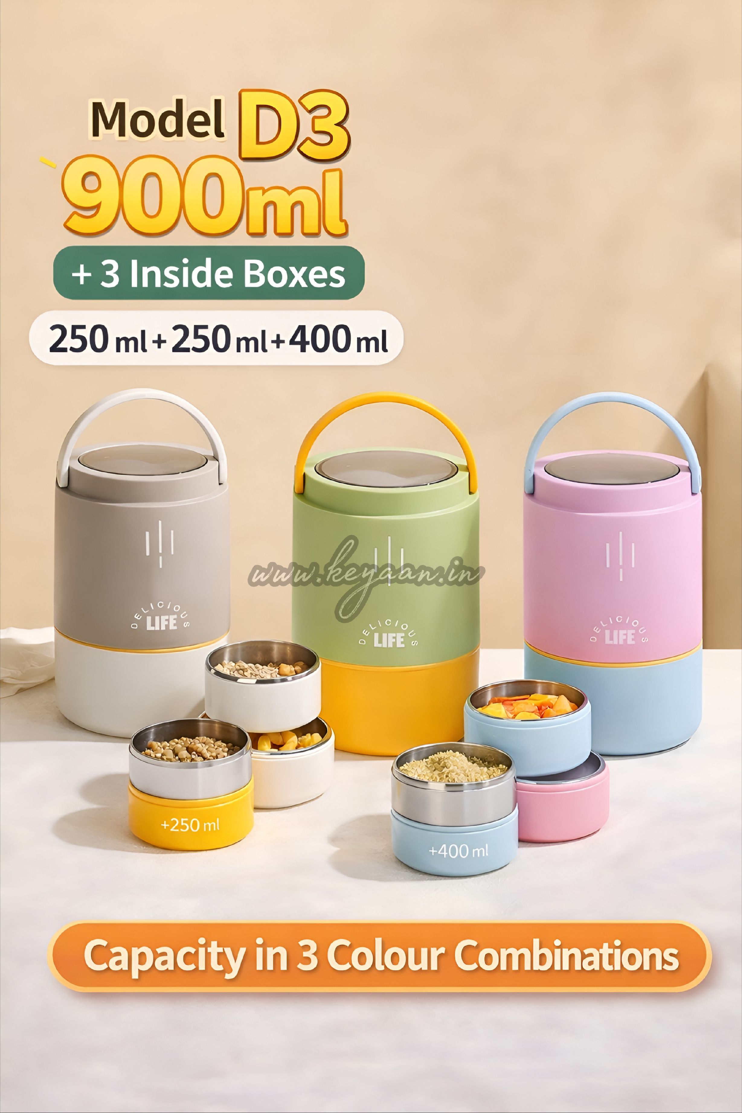 D3 Insulated Lunch Box 900 ml With Handle & Cutlery (3 Boxes