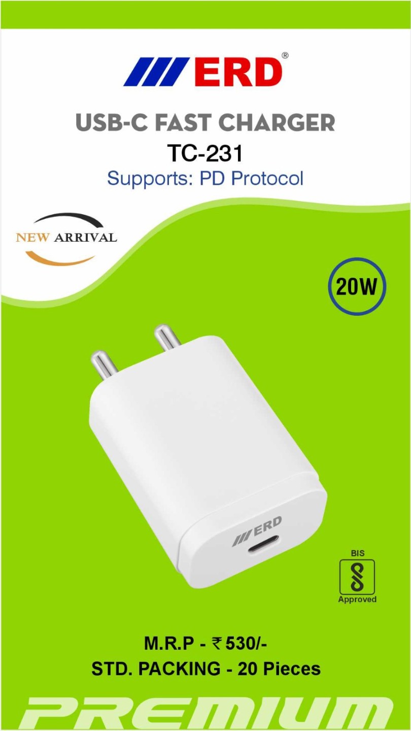 ERD TC-231 USB-C FAST CHARGER (20W) SUPPORTS: PD PROTOCOL www