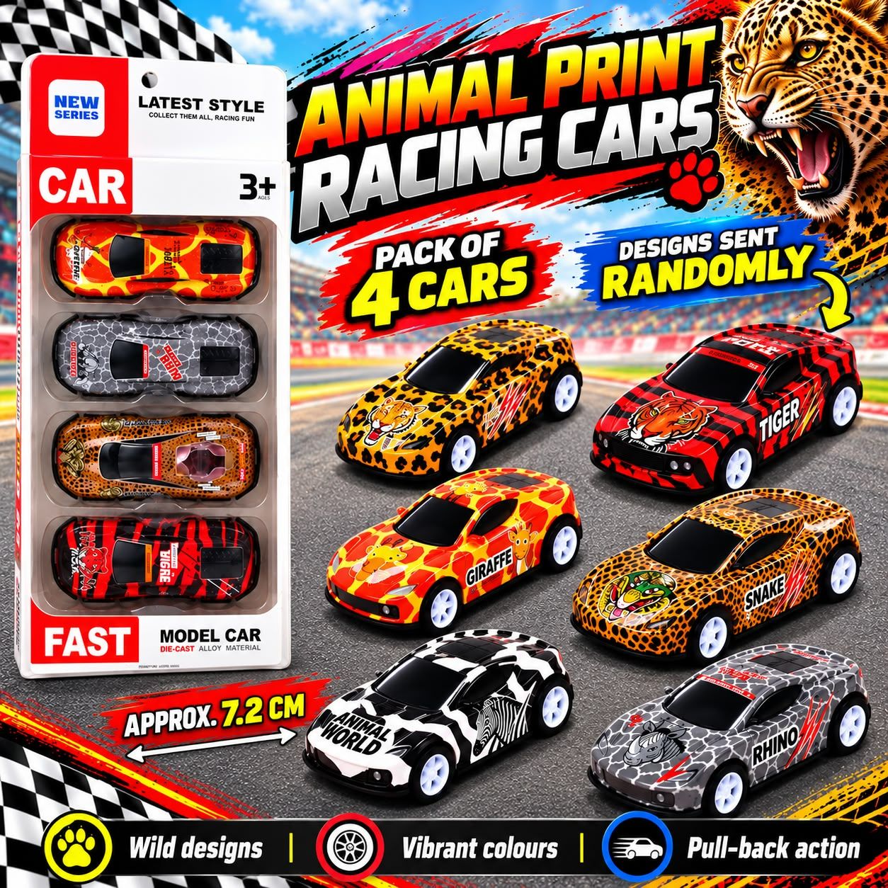 A 9101. 4pc Animal Print Racing Cars