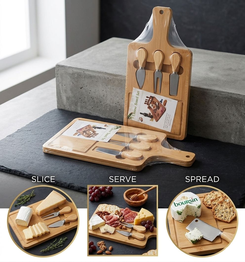 Wooden chopping board with kitchen tool