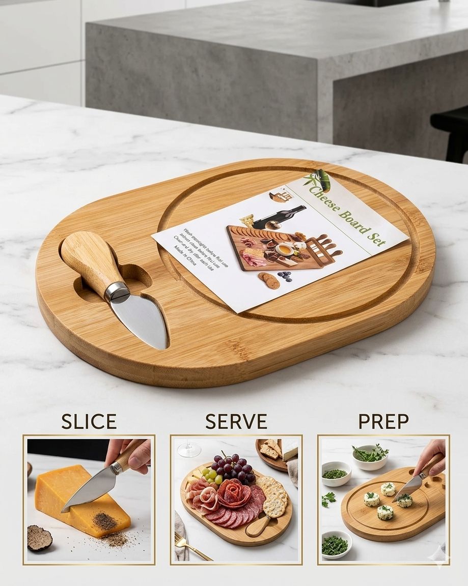 Wooden chopping board with kitchen tool