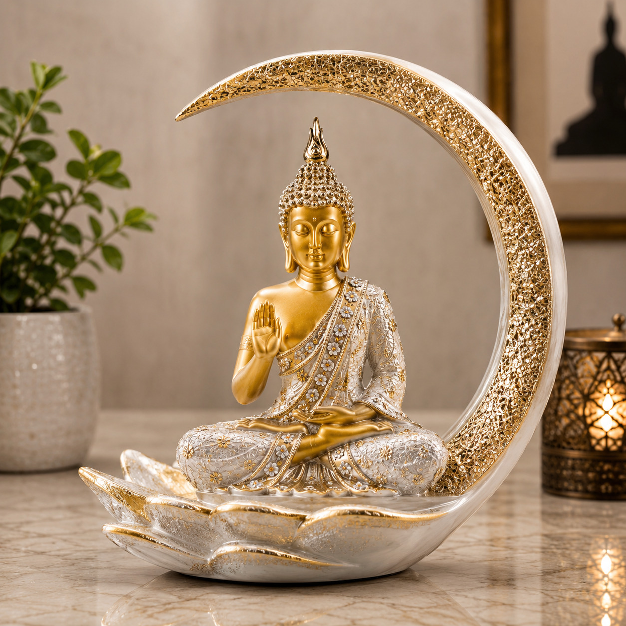 White & Gold Moon Buddha Showpiece