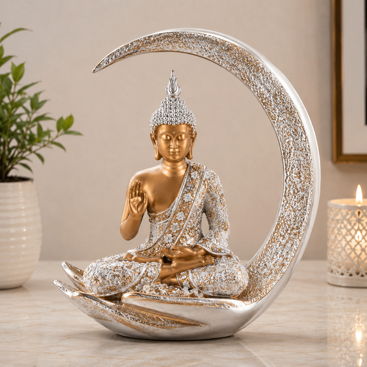 White & Gold Moon Buddha Showpiece