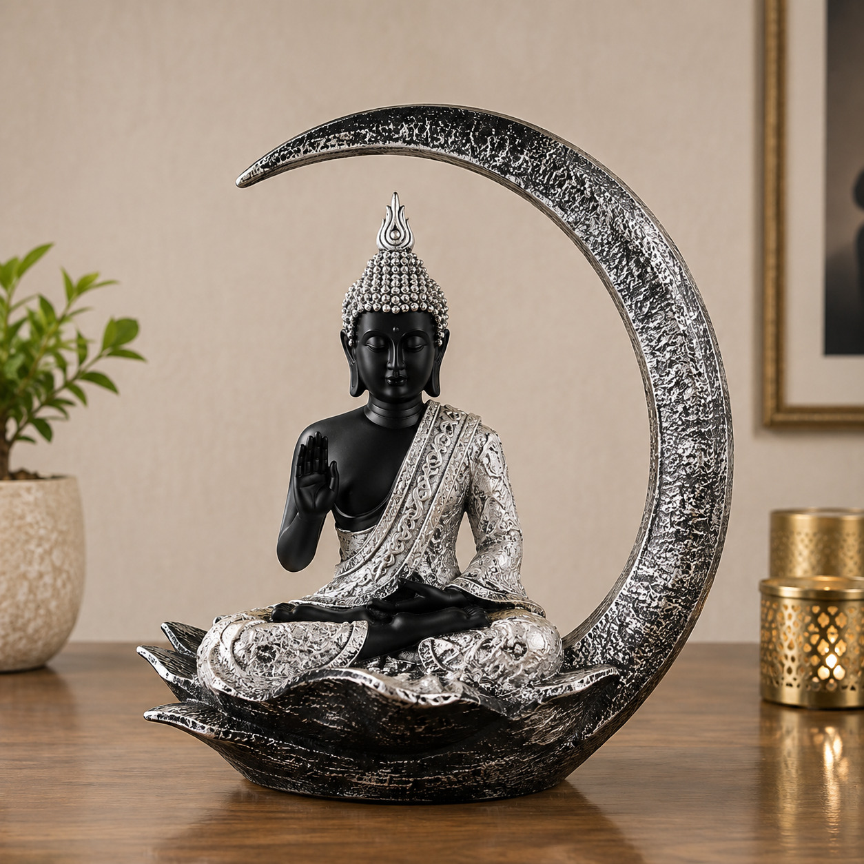 Black & Silver Moon Buddha Showpiece