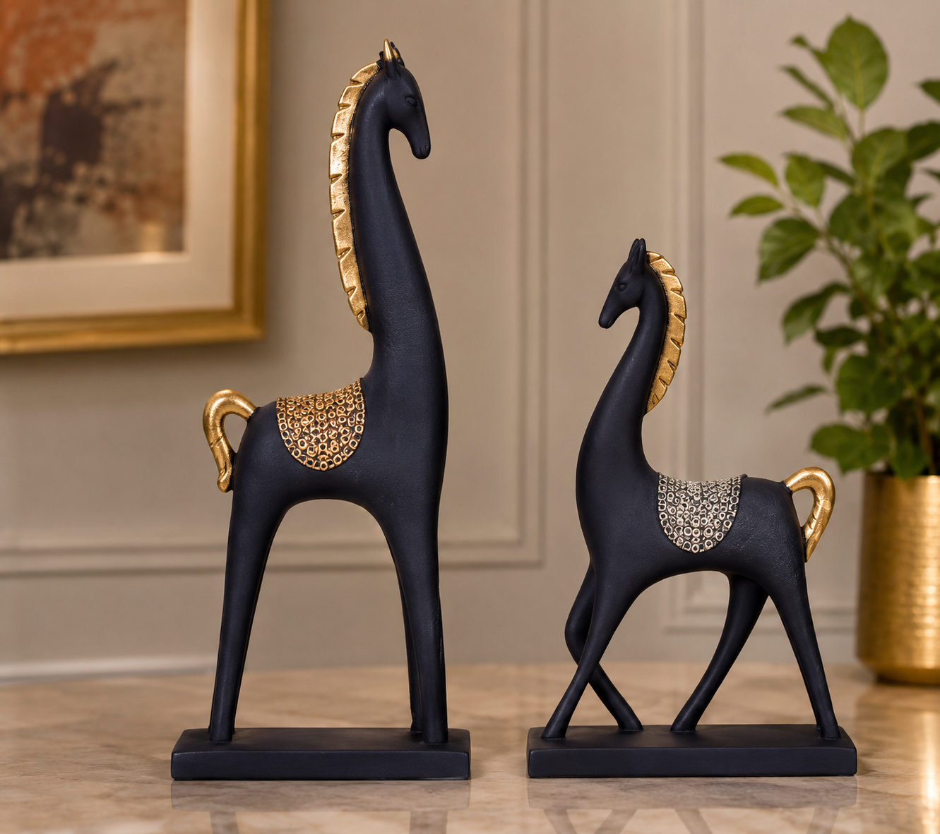 Black & Gold Horse Sculpture Pair