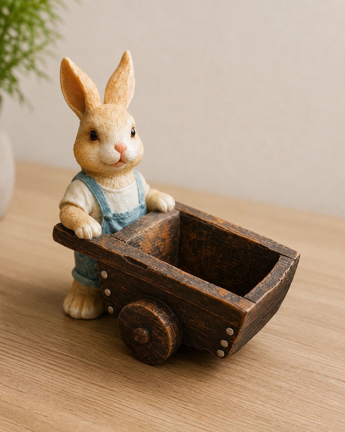 Rabbit Figurine Wheel Barrow Statue